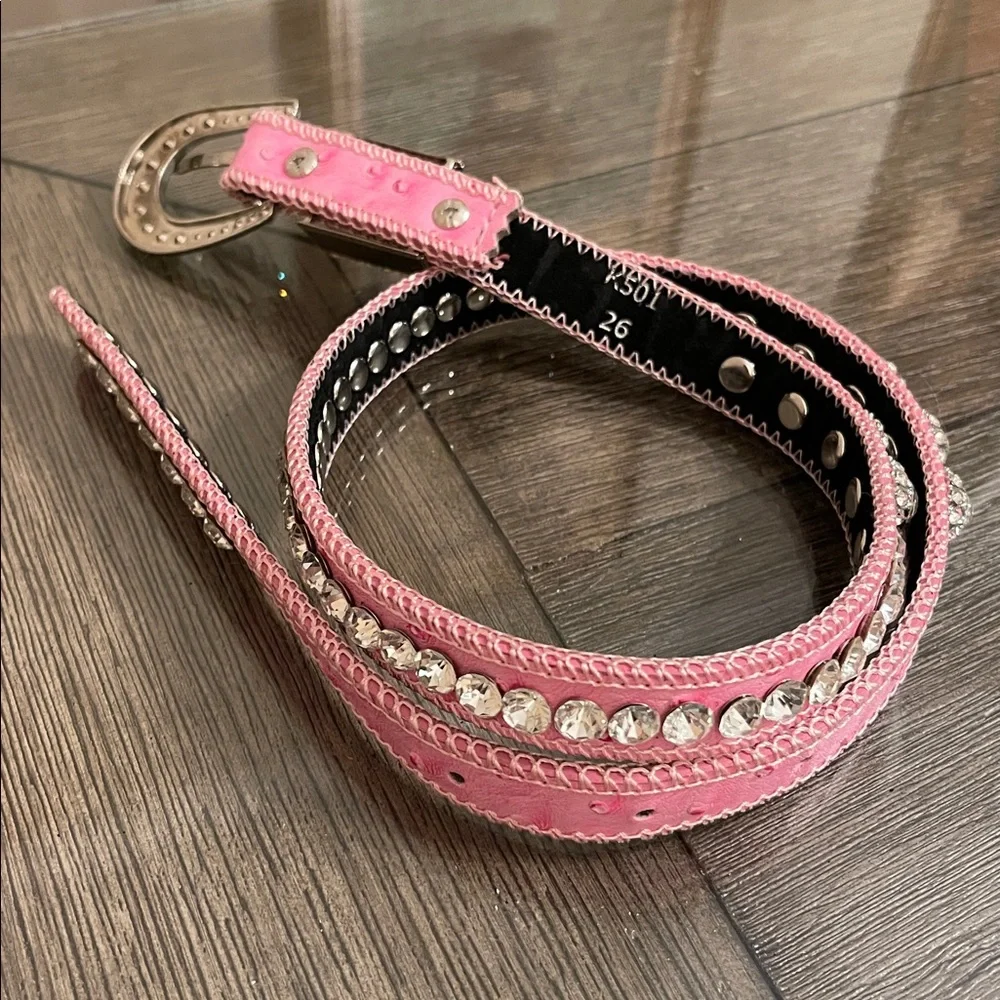 SHYANNE GIRL'S OSTRICH PRINT RHINESTONE BELT Pink Rhinestone Studded Belt